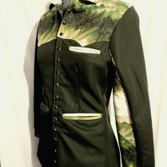 Western Snap up Shirt Jacket XS Olive green Trees moss woods design Overcoat - Picture 4 of 8